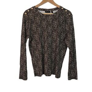 RAFAELLA Womens Leopard Print‎ Long Sleeve Top Size Large Gold Buttons Pullover